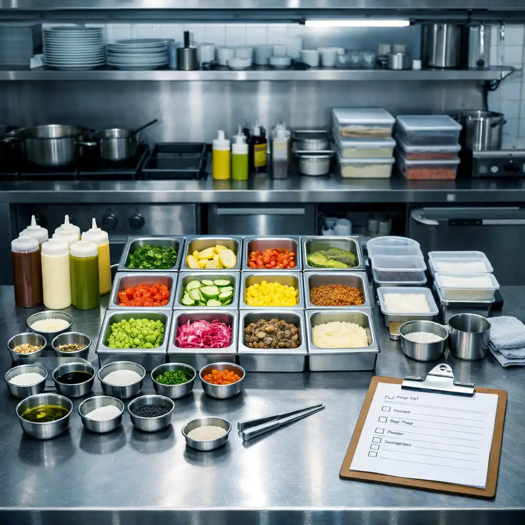 Immaculate chef's station with rows of prepped ingredients, precise tools, and a clipboard checklist