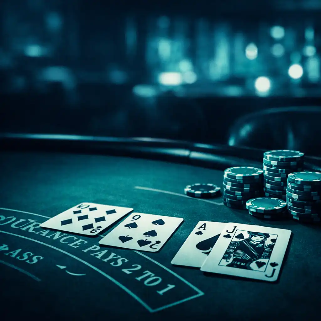Blackjack table with cards and chips in a dark lounge