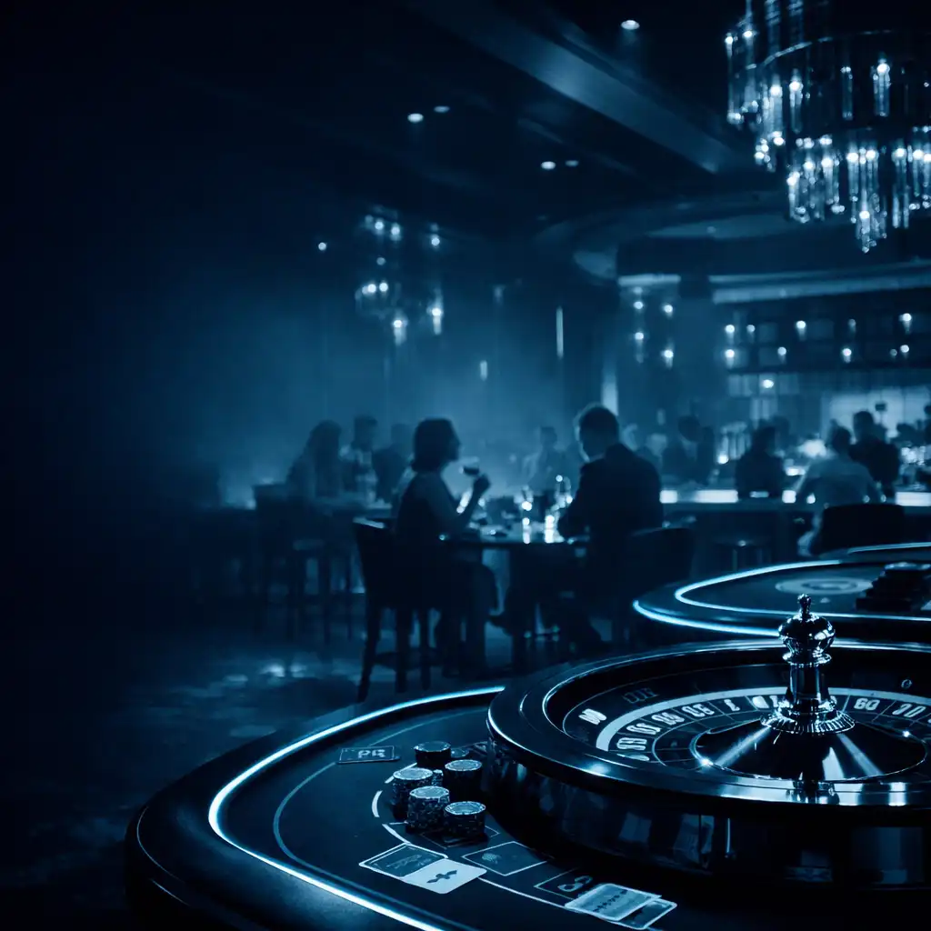 Cinematic view of the Dining Vexa lounge with roulette and blackjack tables under laser-blue accent lighting