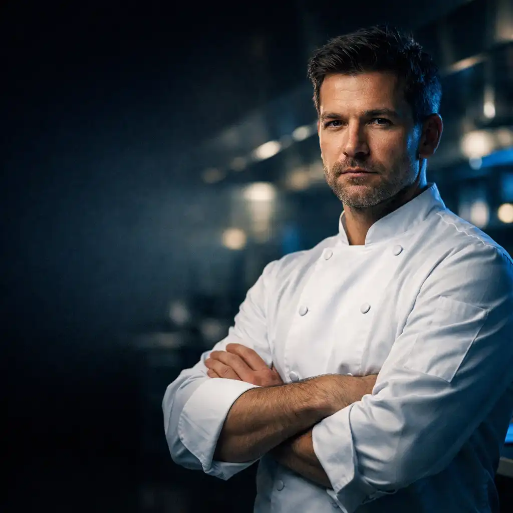 Portrait of Chef [Name] in a dark modern kitchen, wearing a white chef's coat with blue accent lighting
