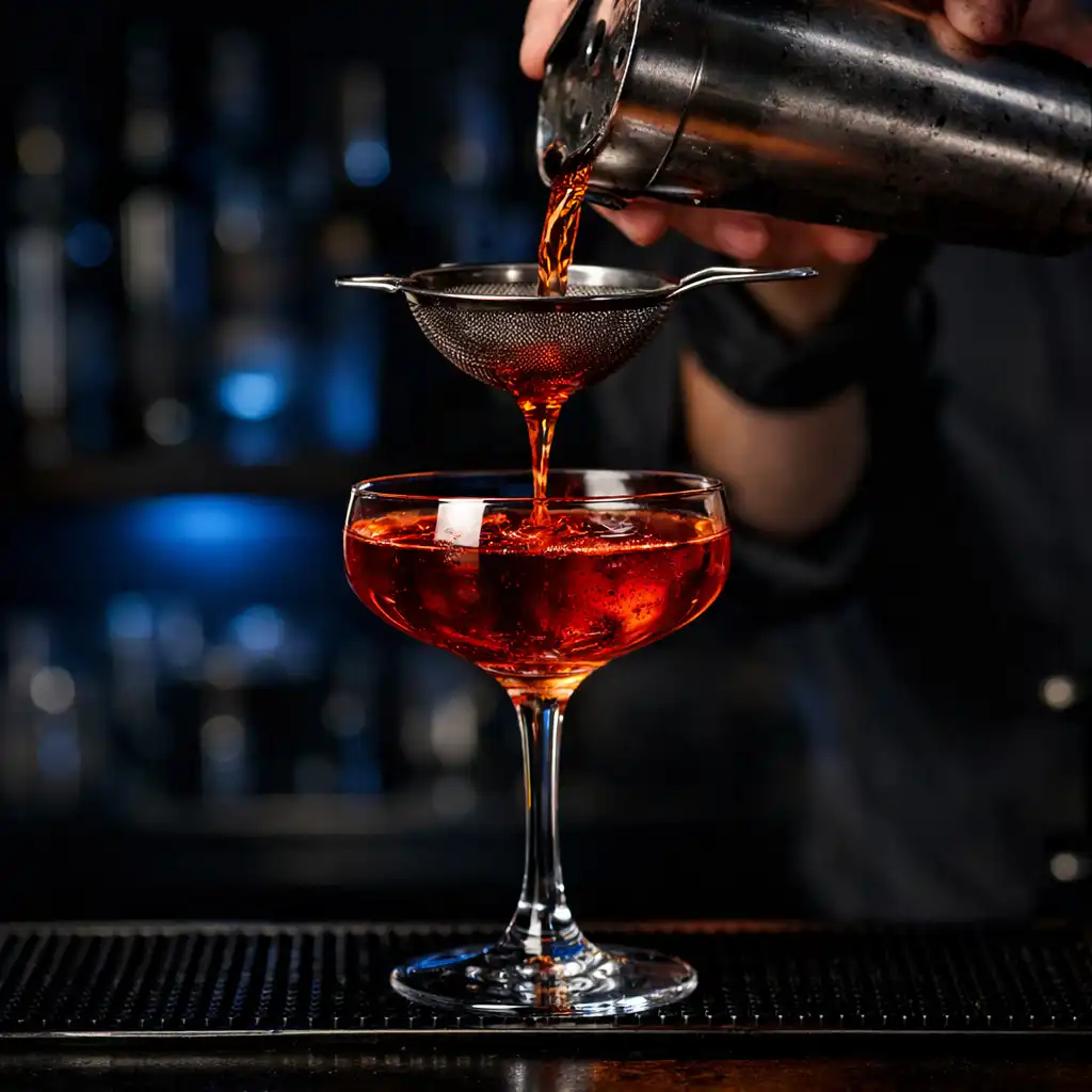 Bartender pouring a craft cocktail into a coupe glass with blue accent lighting