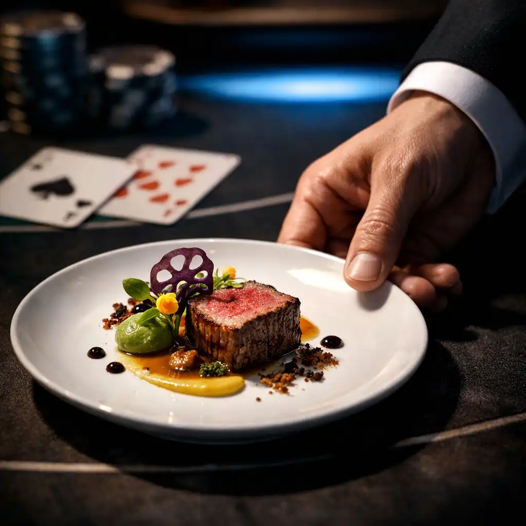 Gourmet small plate served at a casino table with dramatic spotlight and blue ambient light