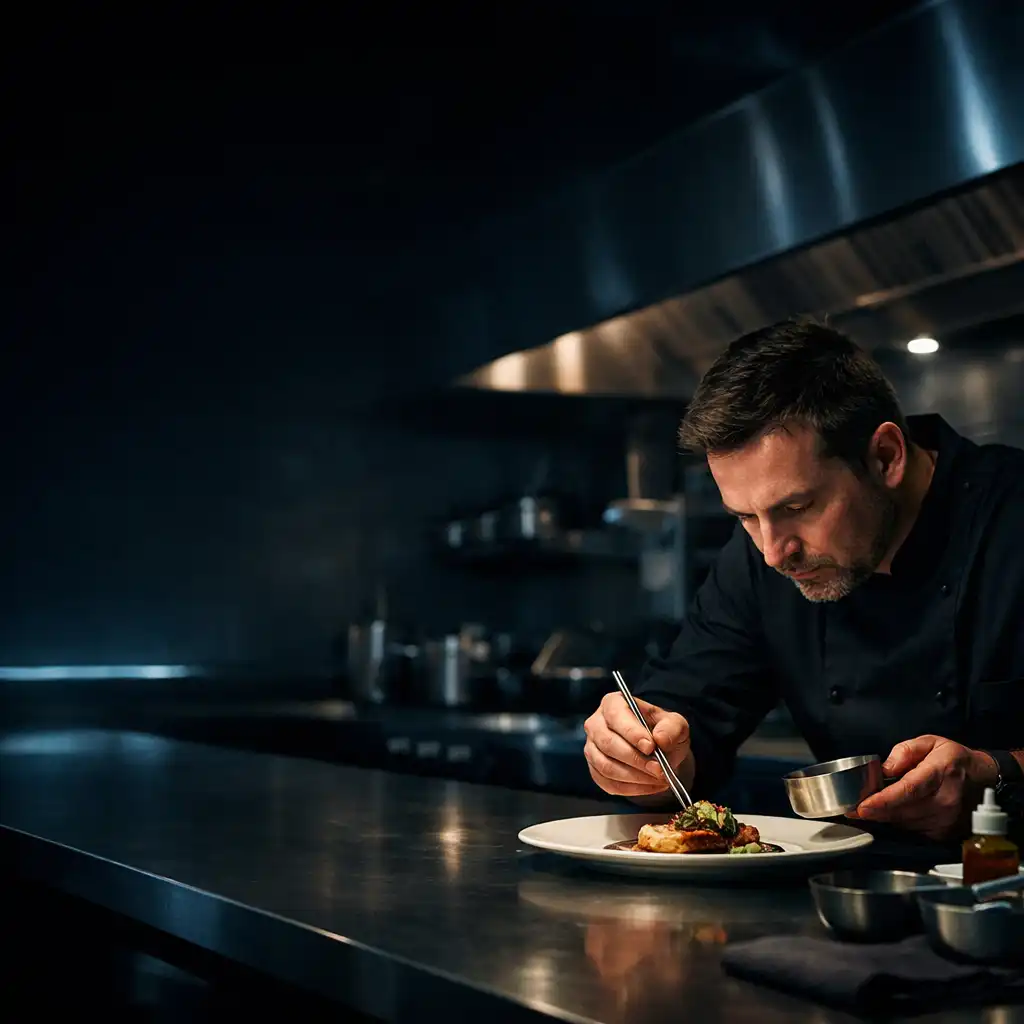 Chef plating a dish with precision in a sleek dark kitchen with blue accent lighting