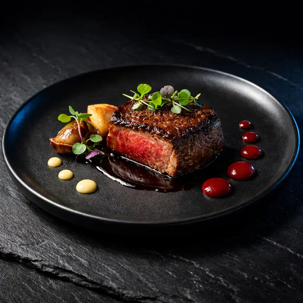Seared protein with precise sauce dots and microgreens on a dark slate surface