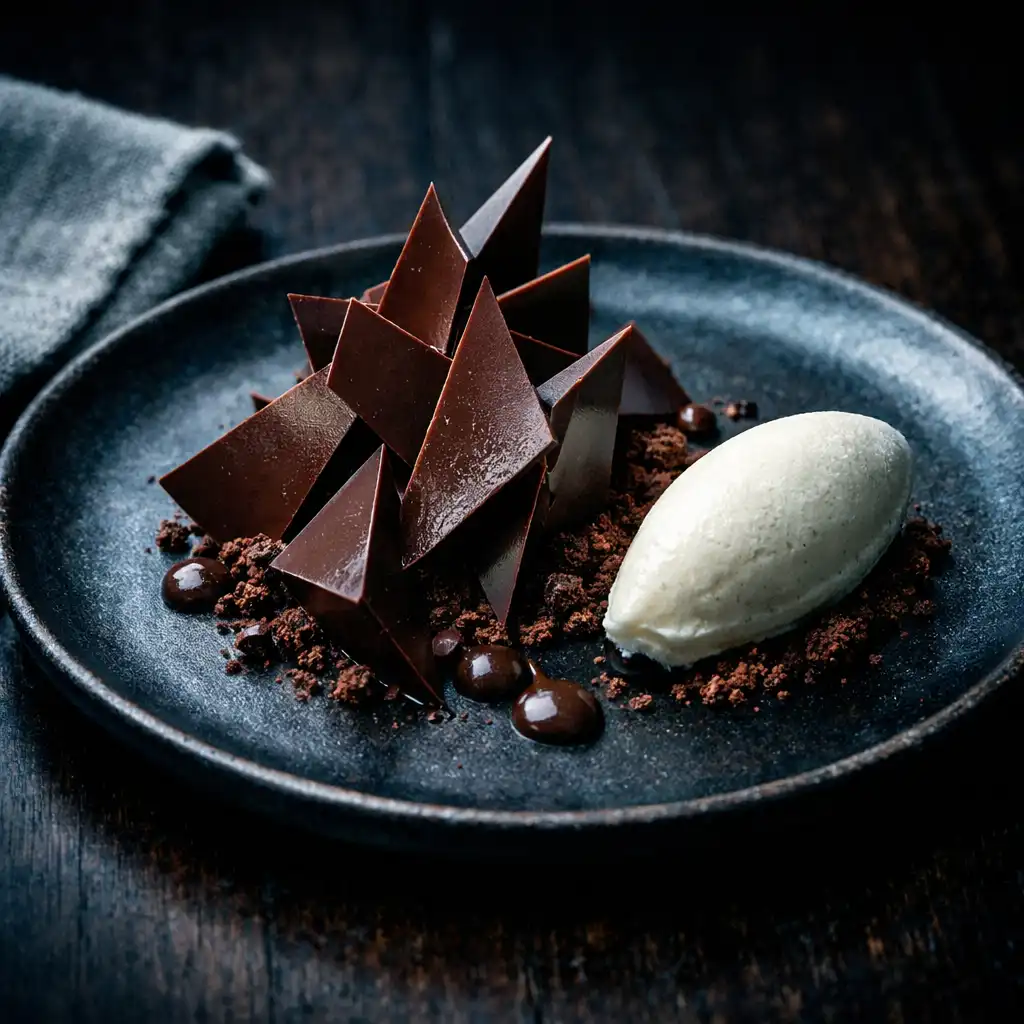 Dessert plate with geometric chocolate shards and a quenelle of ice cream on dark wood
