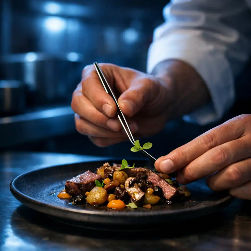 Chef's hands plating a dish with tweezers in a dark kitchen with blue reflections
