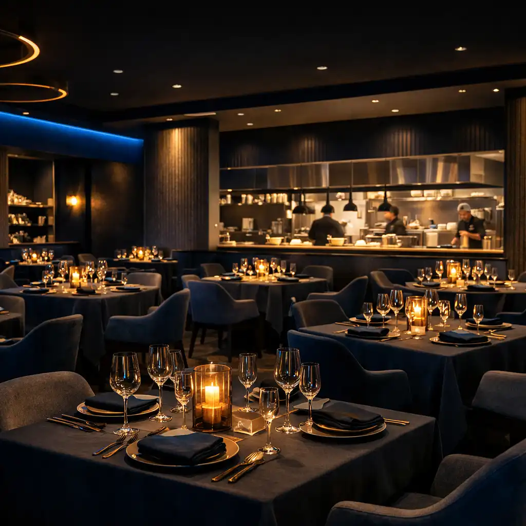 The Dining Vexa dining room with elegant tables, dark linens, and blue accent lighting