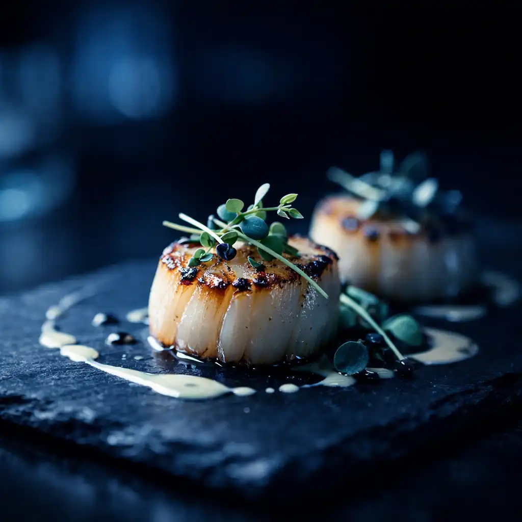 Seared scallops plated with microgreens and sauce on a dark slate plate