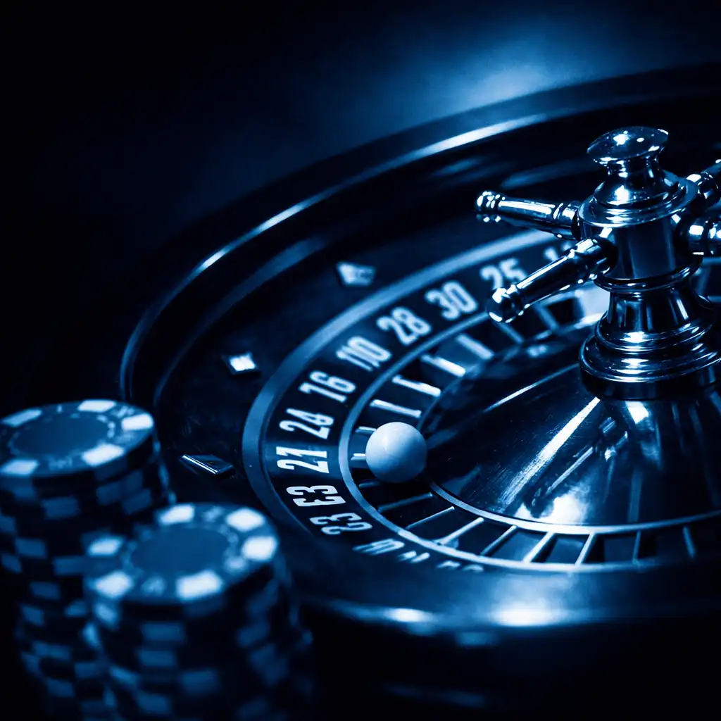 Close-up of a roulette wheel in motion with a stack of chips