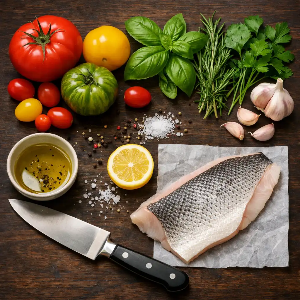 Flat lay of fresh ingredients including heirloom tomatoes, herbs, garlic, and fish on a dark wooden surface