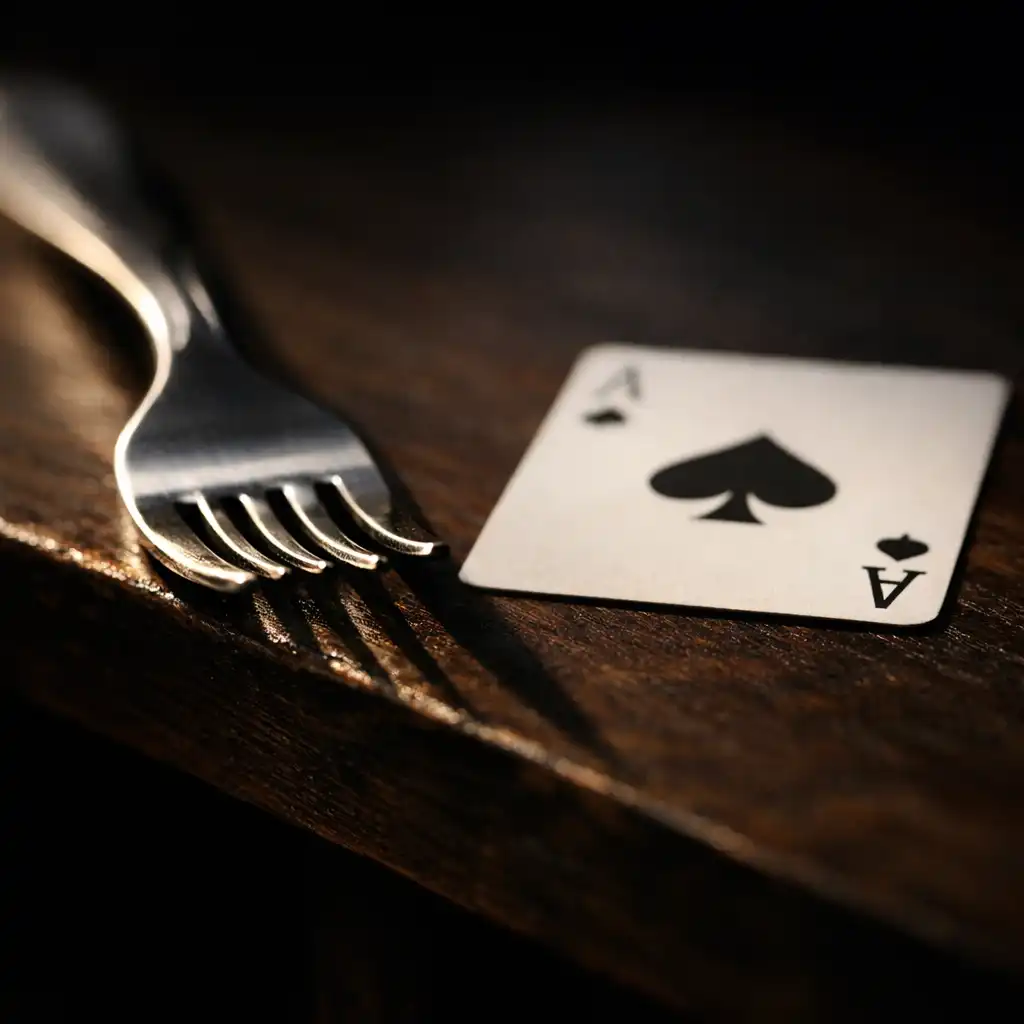 Macro shot of a fork resting on a dark table edge with a single playing card nearby
