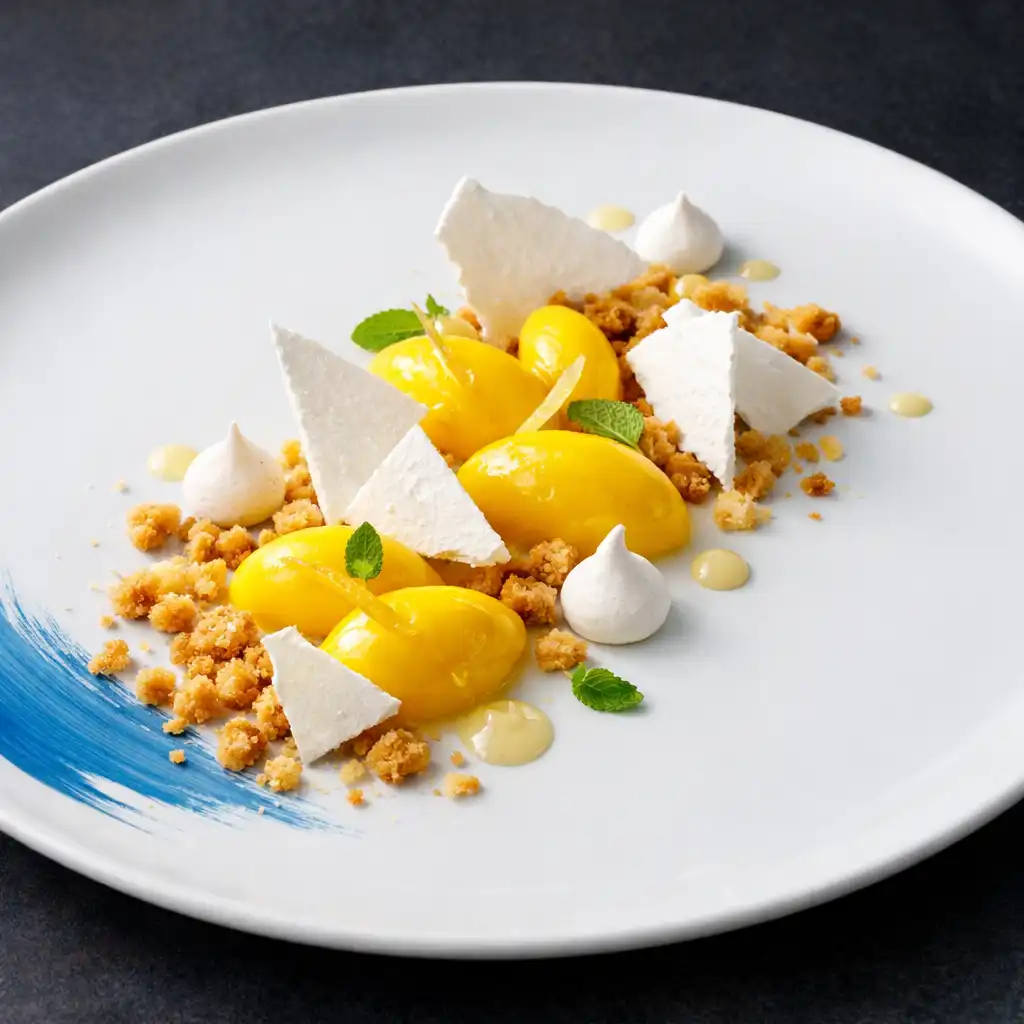 Deconstructed lemon tart with lemon curd, meringue shards, and shortbread crumble
