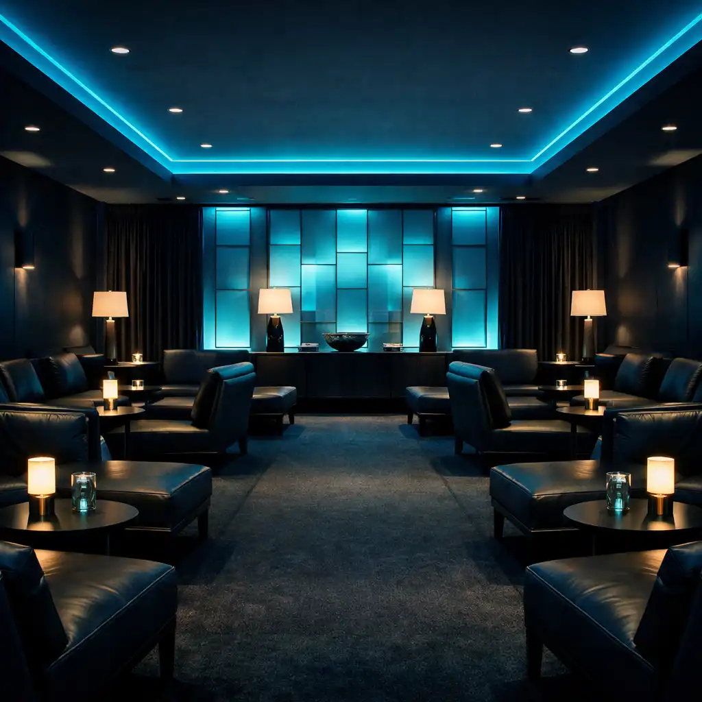Wide lounge area with low leather chairs, recessed blue LED strips, and small tables