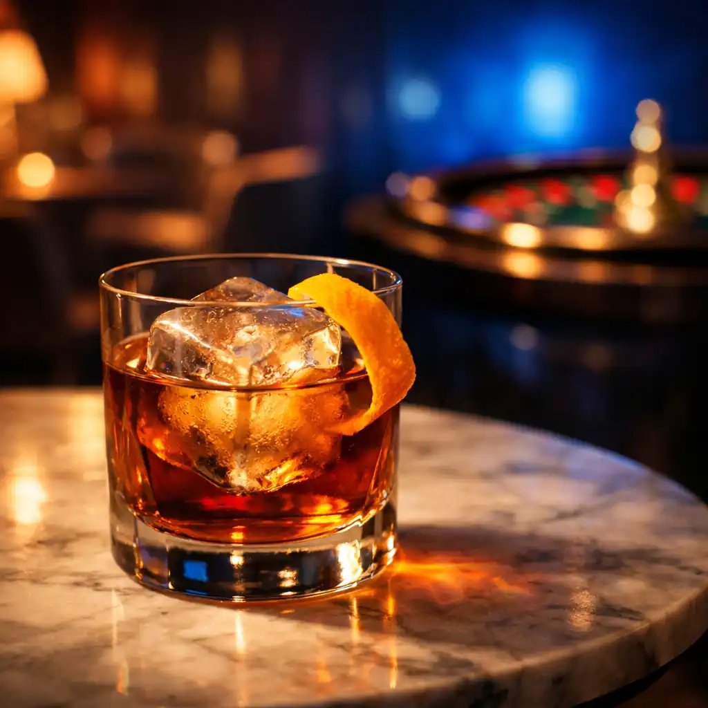 Cocktail with large ice cube on a marble table, blurred lounge and roulette table in background