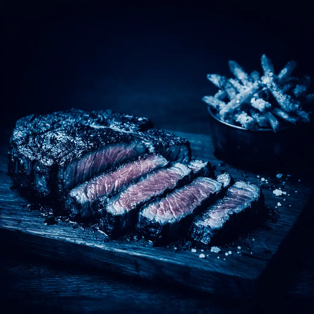 Sliced dry-aged ribeye steak with truffle fries