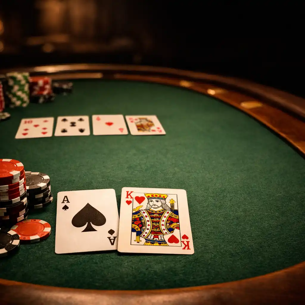 Poker table with cards and chips in warm lighting