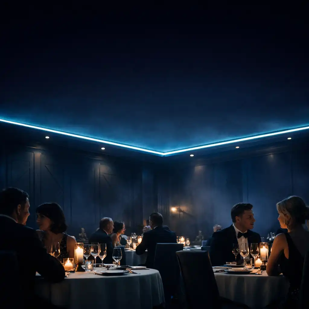Cinematic private event space at Dining Vexa with dark navy panels, elegant tables, and laser-blue accent lighting
