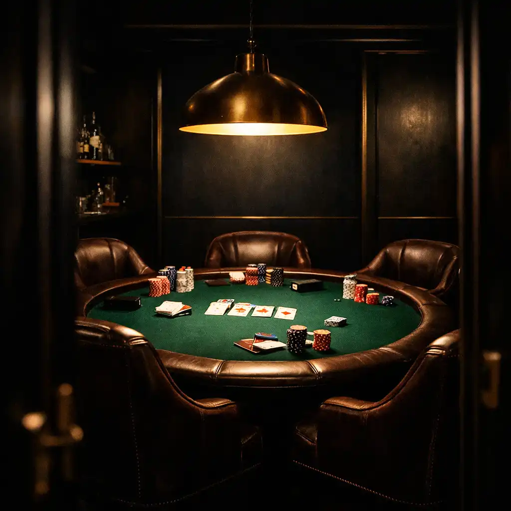 Private poker room at Dining Vexa with a round felt table, leather chairs, and dramatic spotlight