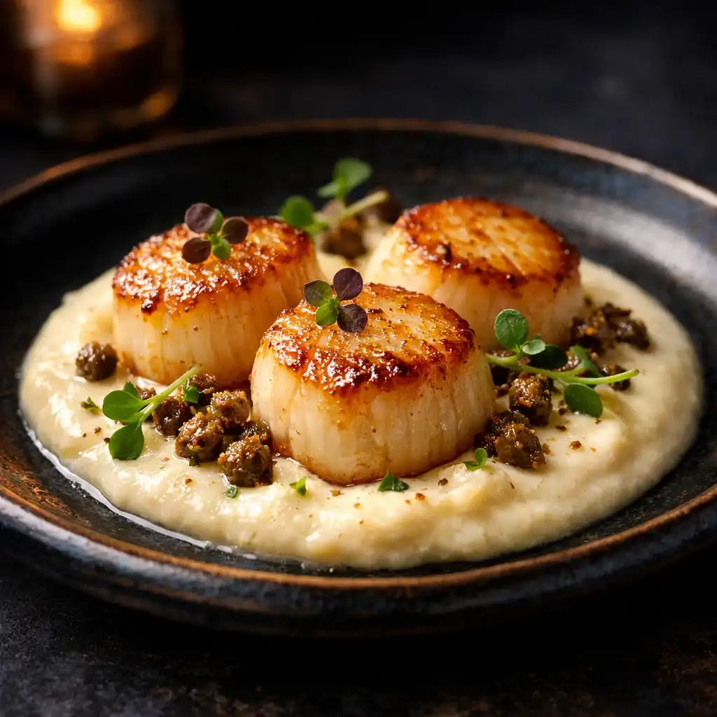 Seared scallops on cauliflower velouté with micro herbs and crispy capers