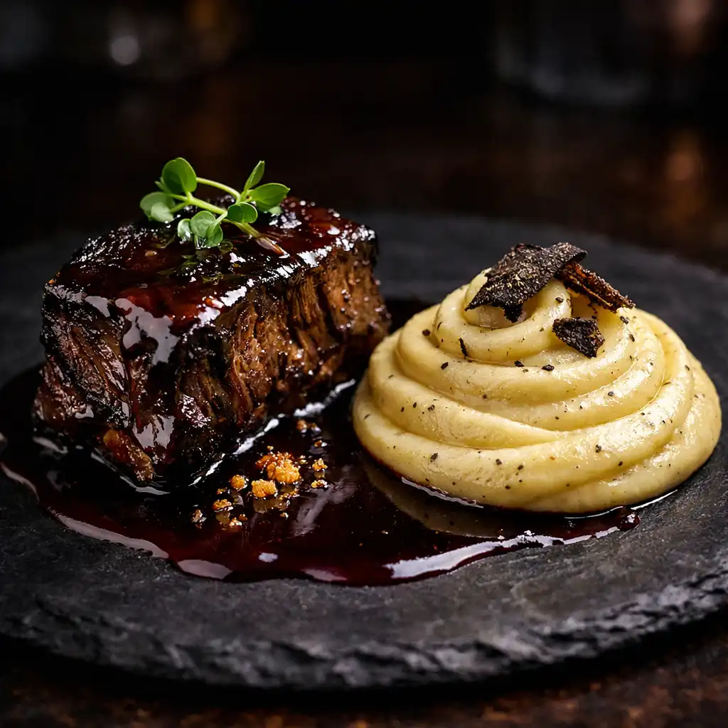 Braised short rib with truffle pomme purée and red wine reduction