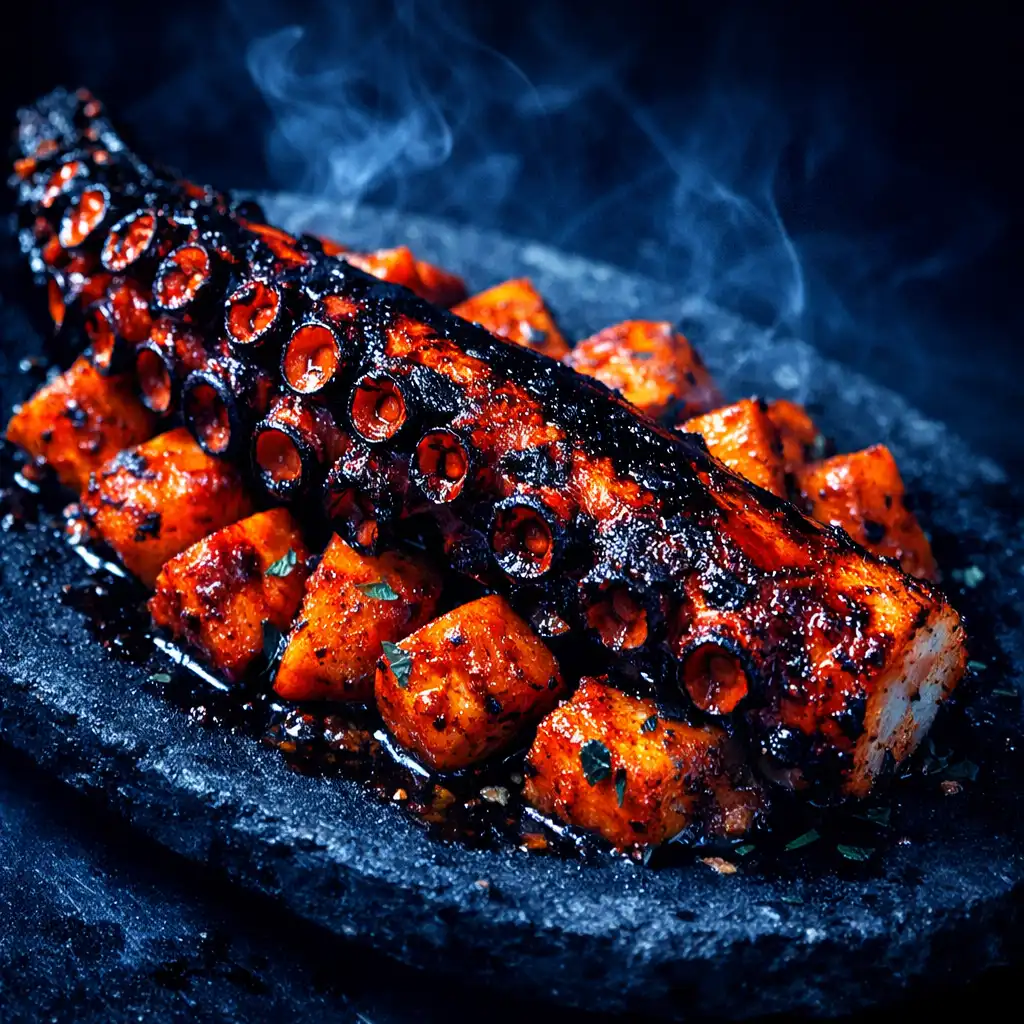 Charred octopus tentacle with smoked paprika potatoes