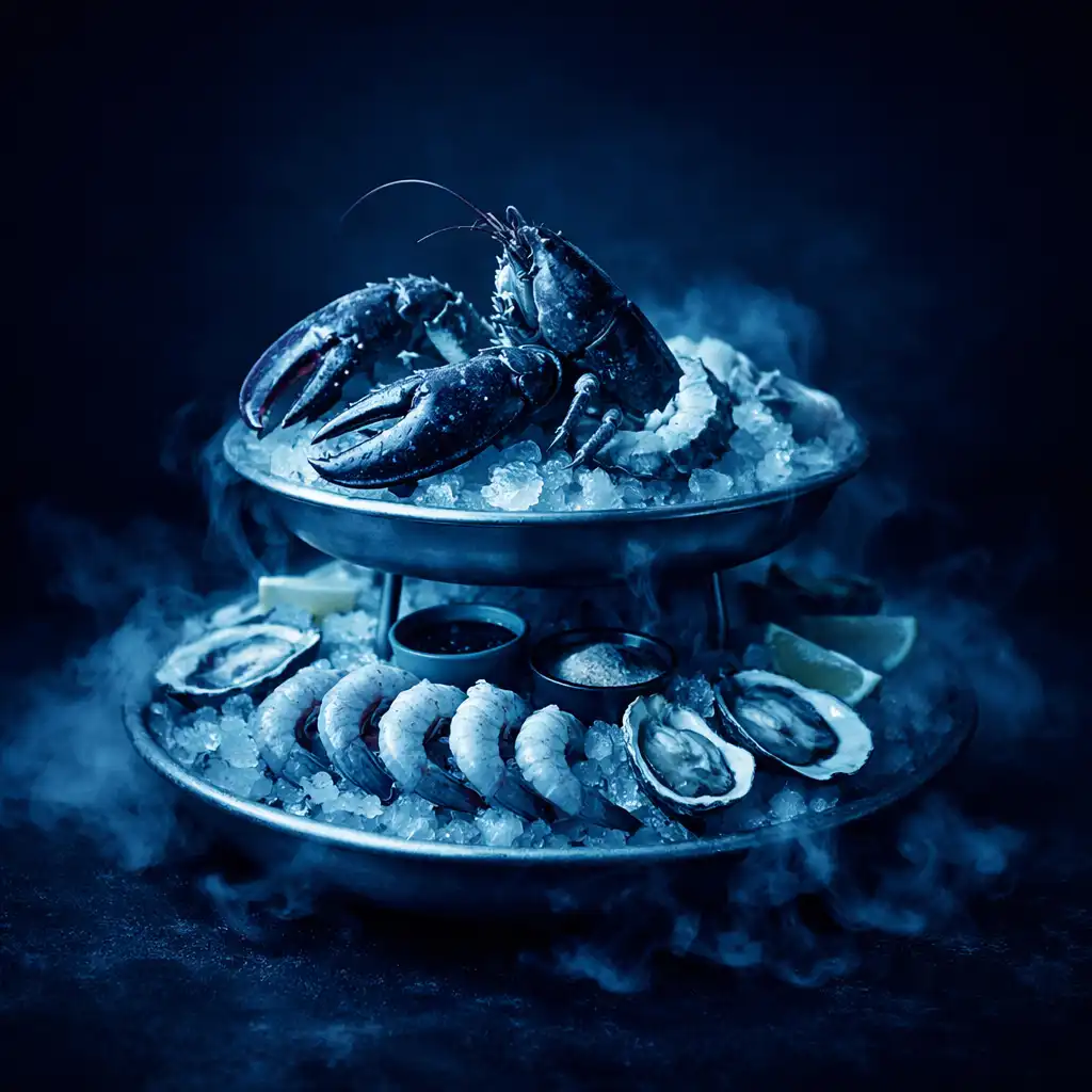Chilled seafood tower with lobster, shrimp, and oysters on ice