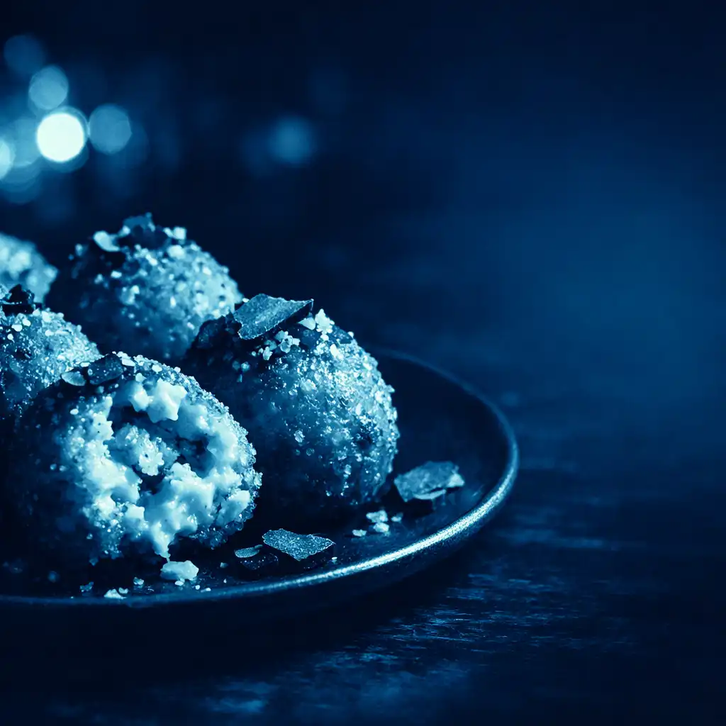Golden truffle arancini on a dark ceramic plate