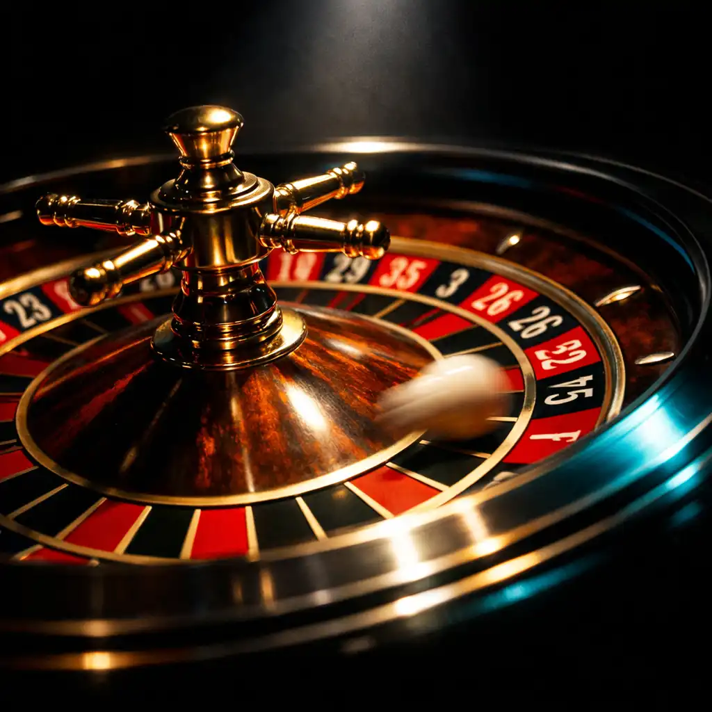 Dramatic close-up of a roulette wheel in motion with a blurred ball and focused overhead beam