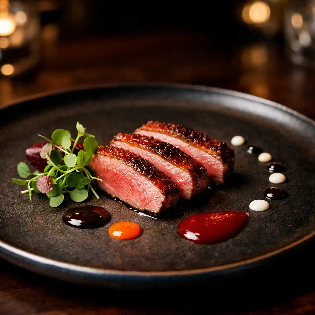 A plated tasting menu course featuring dry-aged duck breast with artistic sauce dots