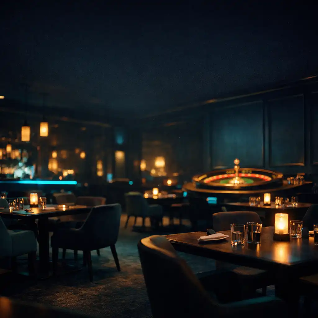 Wide interior view of the Dining Vexa lounge with dark navy panels, warm table lighting, and a distant roulette wheel
