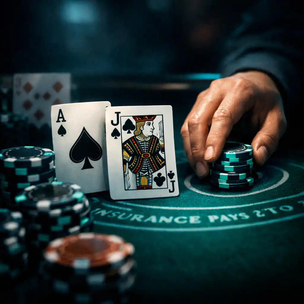 Blackjack table in action with cards and chips under dramatic spotlight